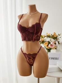 Esselle 2件套女士浪漫白色长款文胸内衣套装 - 中紫紅色 - 查看 5