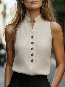 Blusa de verano de mujer de cuello en V sin mangas, de alta calidad, elegante y casual, adecuada para carnaval, Día del Trabajo, escuela, viajes, playa, calle, conjunto de verano.Blusa - Albaricoque 2 - Ver 4
