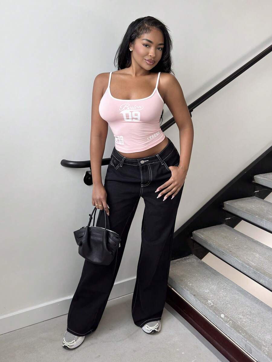 Alexandranx Áo yếm họa tiết tương phản Y2K Streetwear dành cho nữ - Hồng - Xem 1