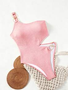 Áo tắm liền thân Swim Chiccia dành cho nữ, màu nâu caramel, kiểu dáng lệch vai, có khoét lỗ bằng kim loại một bên, chất liệu gân nổi, thích hợp cho kỳ nghỉ hè. - Hồng - Xem 3