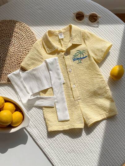 SHEIN Bộ đồ 2 món cho bé sơ sinh unisex: Áo liền quần ngắn tay kẻ sọc vàng và khăn choàng trắng, phong cách thường ngày đi nghỉ mát, quần áo mùa hè cho bé trai, bộ đồ cho bé trai.