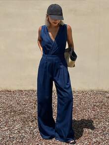 Livesso Pantalones casuales azul desgastado para mujer, de estilo casual de negocios suelto, jeans de pierna recta y ancha, petos y monos para primavera/verano - Azul lavado oscuro - Ver 2