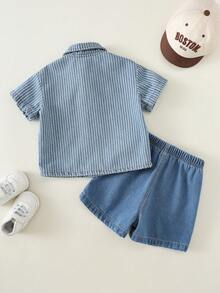 SHEIN 2pcs Baby Boy Summer Casual Korean Style Striped Denim Shirt & Denim Shorts Set, Color Block Outfit - Multicolor - View 2