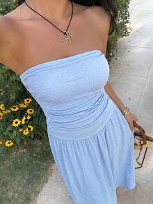 SHEIN EZwear 女士优雅简约纯色褶皱连衣裙，夏季 - 淺藍色 - 查看 5