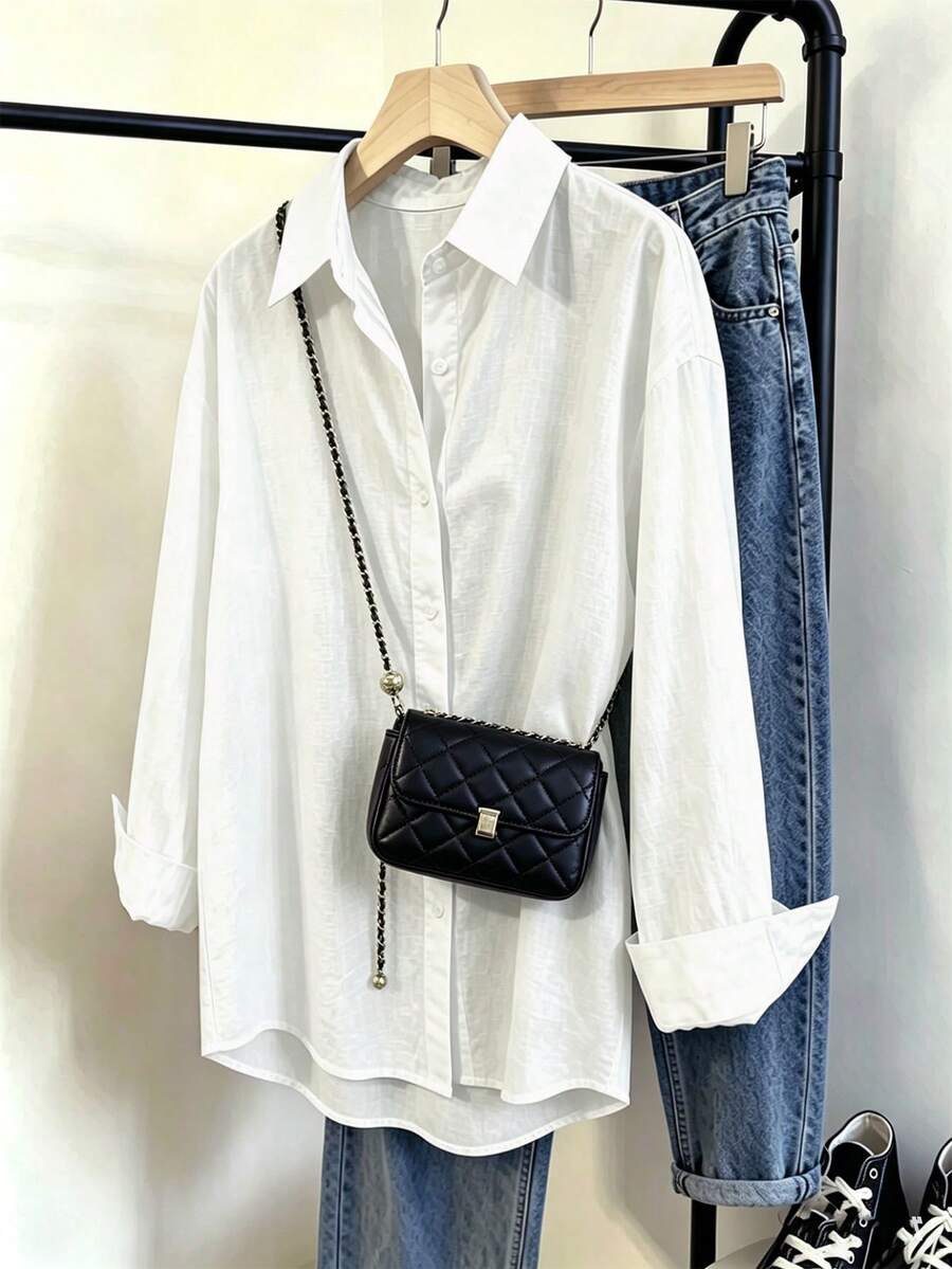 Franclia Blus Linen Putih Elegan untuk Wanita, Kemeja Lengan Panjang Kancing Depan Terbuka Musim Semi/Panas, Pakaian Kasual Longgar Ukuran Besar untuk Kantor - Putih - View 1