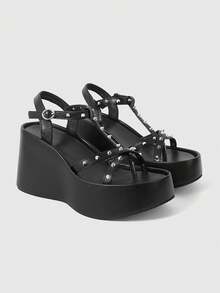 ROMWE Grunge Punk Giày nữ đế xuồng, sandal đế cao, phong cách punk với họa tiết đinh tán chéo, sandal hở mũi, thích hợp cho hộp đêm, đi làm, du lịch, giày đế xuồng nữ mùa hè. - màu đen - Xem 1