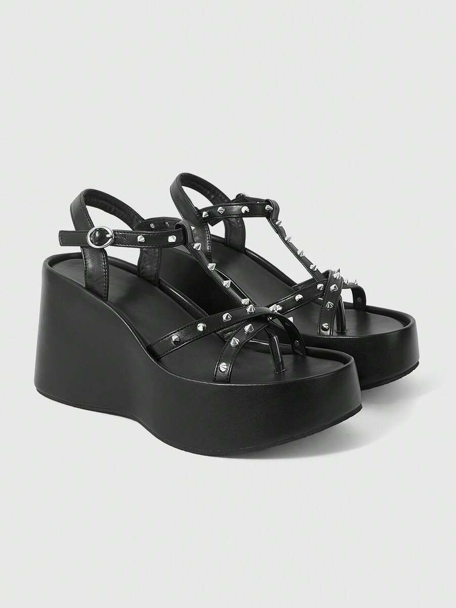 ROMWE Grunge Punk Giày nữ đế xuồng, sandal đế cao, phong cách punk với họa tiết đinh tán chéo, sandal hở mũi, thích hợp cho hộp đêm, đi làm, du lịch, giày đế xuồng nữ mùa hè. - màu đen - Xem 1
