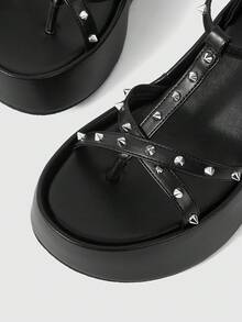 ROMWE Grunge Punk Giày nữ đế xuồng, sandal đế cao, phong cách punk với họa tiết đinh tán chéo, sandal hở mũi, thích hợp cho hộp đêm, đi làm, du lịch, giày đế xuồng nữ mùa hè. - màu đen - Xem 6