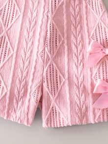 SHEIN Playful Pals 女婴休闲无袖弹力腰短款连体衣，纯色纹理面料，饰有3D蝴蝶结，夏季粉色 - 粉色 - 查看 7