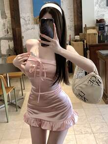 Joudiya Vestido ajustado de un hombro de satén rosa para primavera y verano, conjunto informal y dulce para festival de música, Día de San Valentín, boda, fiesta, evento de moda, vestido deslizante elegante para uso diario para mujeres, vestidos de verano para mujeres - Rosa - Ver 14