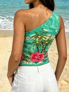 Vaclyn Blusa sin mangas con estampado de palmeras, ropa de vacaciones para mujer - Multicolor - Ver 2