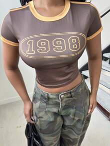 Alexandranx Áo crop top tay ngắn cổ tròn in số viền tương phản cho nữ - Nhiều màu - Xem 6