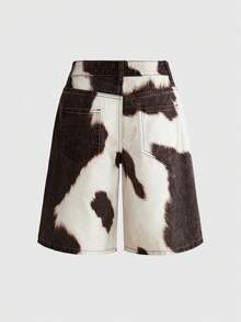 ROMWE Hippie Western Cow Print Casual Versatile Women Denim Shorts - Brown - View 2