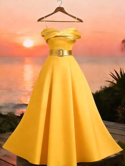 GlowEve CURVE Plus Size Sleeveless Midi Dress With Front Twist/Pleat Detail, Satin Finish, Bright Yellow, Summer
