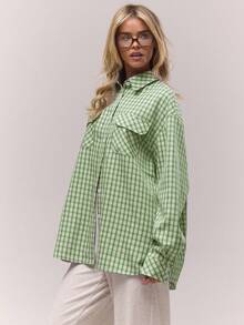 MUSERA Oversized Checkered Front Pocket Button Down Shirt Old Money Cute Country Cottage Core Clean Girl Casual Spring Summer Holiday - Green - View 2