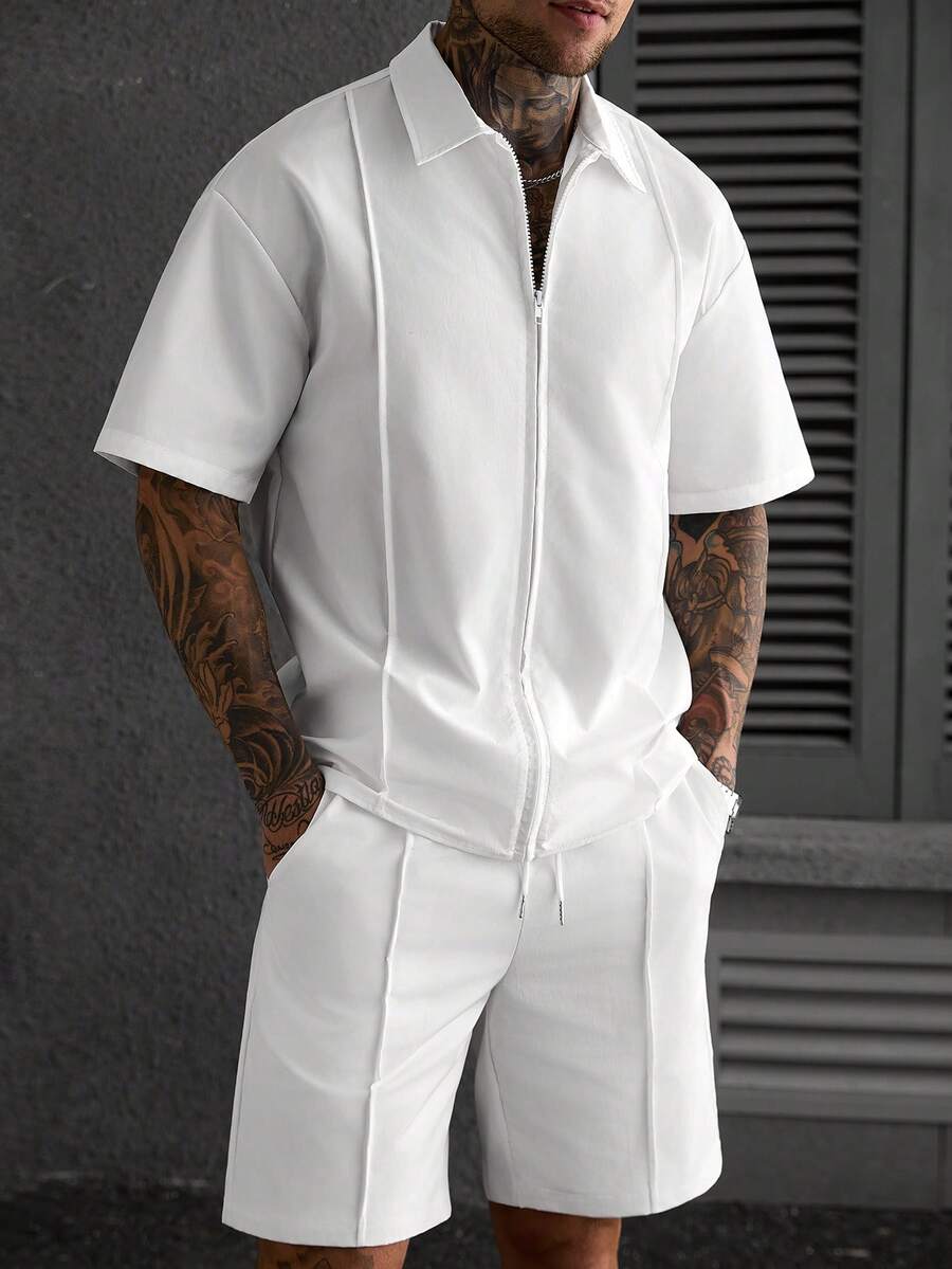Manfinity CasualCool 男士纯色拉链短袖衬衫短裤休闲套装，送给男友或老公的理想礼物，适合日常穿着
