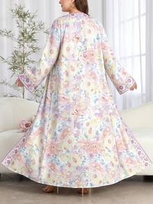 SHEIN Najma 花卉植物图案滚边大码女装连衣裙，优雅阿拉伯风格长袍，春夏时尚长袖开衫长款外套，花卉印花多色卡夫坦长袍 - 彩色 - 查看 3