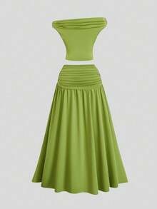 Sweetra Plus Size Spring New Design Sense High Street Elegant Loose Fitted Off-Shoulder Retro Sexy Fitted Comfortable Outdoor Green 2-Piece Set - Green - View 2