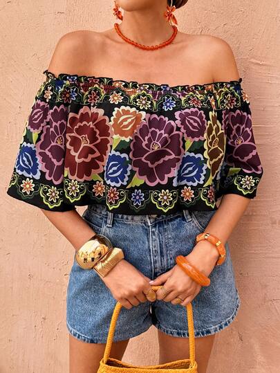 SHEIN Flora Isola 女士春夏度假沙滩露肩印花休闲宽松衬衫