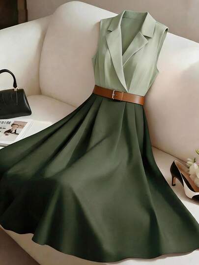 GlowEve Colorblock Wrap Ruched Sleeveless Elegant Dress, Spring/Summer