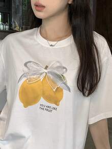 DAZY 女士圆领字母水果印花休闲百搭日常短袖T恤图案T恤女夏季 - 白色 - 查看 9