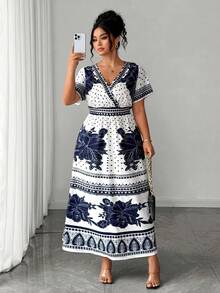 Elenzga Plus Size Elegant Commuter Floral & Polka Dot Print Dress, Summer - Navy Blue - View 7