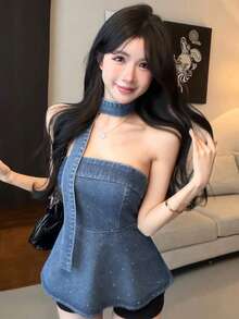 Joudiya 春夏音樂節亮面水鑽與亮片裝飾心形領荷葉邊拼接貼身洋裝，優雅派對婚禮雞尾酒正式禮服，時尚修身休閒牛仔女款抹胸上衣 - 藍色 - 查看 9