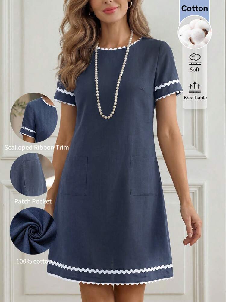Women's Mother's Day Mini Dress, Women's Summer Dress, Women's Vacation Outfit, Women's Vacation Outfit, Women's Vacation Outfit, Women's Beach Outfit, Navy Blue Ribbon Splice New Dress