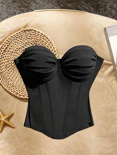 Trelyra Top bandeau de unicolor con busto fruncido y bajo asimétrico para mujer