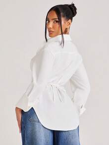 NYA SZN Top Tie Front Seaming Long Sleeve Collared Button Up Blouse Bust Bra Detail Outfits For Women - White - View 2