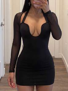Slaydiva 2025 Neues elegantes, sexy Neckholder-Mesh-Bodycon-Minikleid, geeignet für Party, Geburtstag, Bar, Nachtclub, Valentinstag, Halloween, Weihnachten - Rot - Übersicht 5