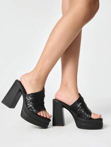 ROMWE Giày sandal cao gót hở mũi kiểu dáng cá cá dành cho nữ, phong cách Punk Gothic, đế dày, gót dày, họa tiết hình chữ thập, thích hợp cho mùa xuân hè, tiệc tùng, lễ hội, giày một gót dành cho nữ, phong cách Y2K. - màu đen - Xem 3