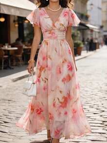 Velvienne Plus Size Blush Pink Summer Elegant Formal Tea Party Holiday Women's V-Neck Flowy Chiffon Ditsy Floral Flare Sleeve Waist Cinched Long Dress - Pink - View 1