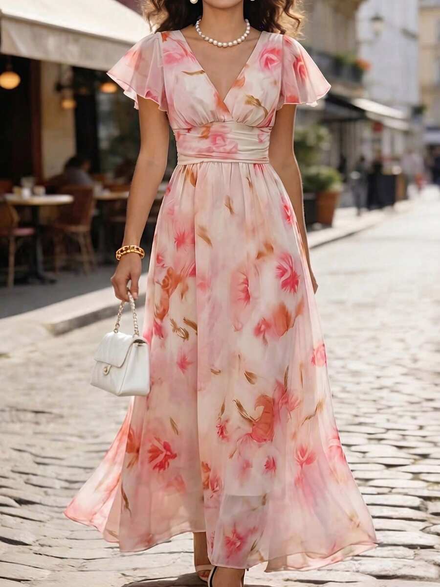 Velvienne Plus Size Blush Pink Summer Elegant Formal Tea Party Holiday Women's V-Neck Flowy Chiffon Ditsy Floral Flare Sleeve Waist Cinched Long Dress - Pink - View 1