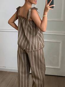 DAZY Women's Comfortable Striped Camisole & Pants Pajama Set Summer - Coffee Brown - View 2