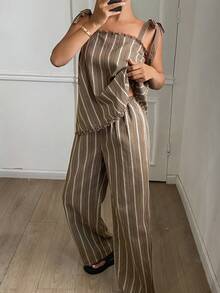 DAZY Women's Comfortable Striped Camisole & Pants Pajama Set Summer - Coffee Brown - View 3