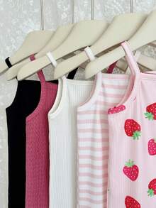 SHEIN Bộ 5 món áo liền quần dệt kim màu trơn kẻ sọc họa tiết dâu tây cho bé gái - Nhiều màu - Xem 6