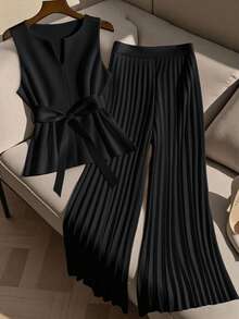 SHEIN CURVE+ Plus Size Women's Casual Sleeveless Shirt With Notched Collar And Belt, Paired With Solid Color Pleated Elastic Waist Loose Pants 2 Piece Set, Suitable For Commuting And Daily Wear, Spring/Summer - Black - View 8