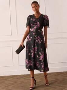 Lilora Women's Elegant Cutout Floral Dress,Black And Purple,Summer High-Fashion Graceful Dress,Versatile For Wedding,Commuting,Parties,Holidays & Vacations - Multicolor - View 3