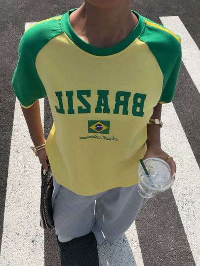 Muchica Women's Fashionable Versatile Letter Print Contrast Color Round Neck Short Sleeve Sports T-Shirt
