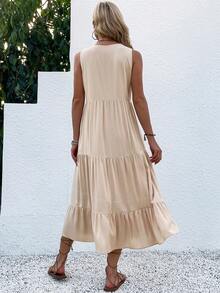 EMERY ROSE Button Detail Layered Hem Smock Dress Maxi Women Outfit - Apricot - View 2
