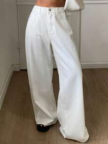 Livesso Women's White Washed Casual Pants, Loose Fit Business Casual Style, Straight Leg Trousers, Suitable For Spring And Summer - White - View 3