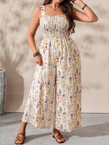 SHEIN LUNE CURVE 大码女式印花方领休闲连体裤 - 黑色 - 查看 1