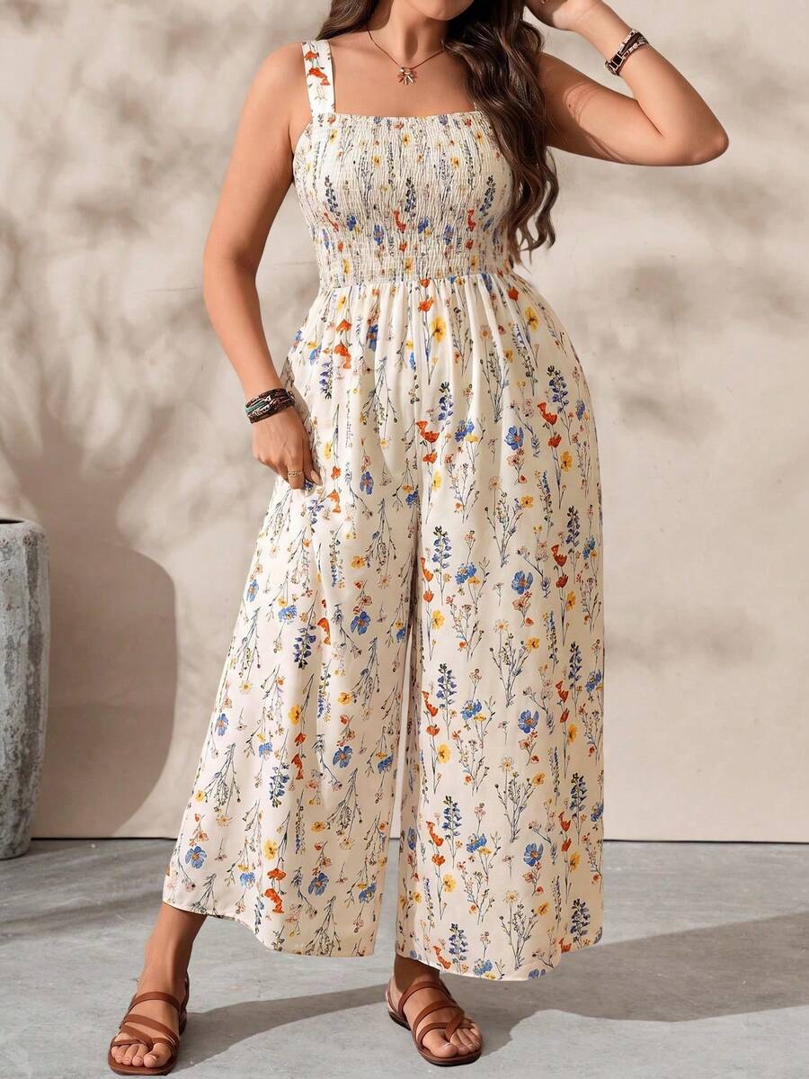 SHEIN LUNE CURVE 大码女式印花方领休闲连体裤 - 黑色 - 查看 1