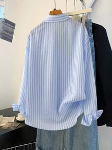 Franclia Women's Striped Print Button-Front Casual Long Sleeve Shirt, Suitable For All Seasons - Blue - View 2