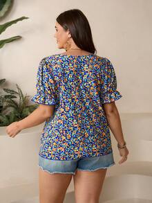 Comfylo Plus Size Casual Boho Cottage Core Ditsy Floral Shirt Vacation Orange Summer - Multicolor - View 2