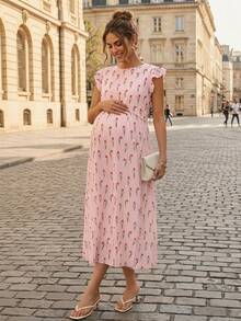 Momance Vestido de lactancia con cuello redondo y manga corta con estampado floral completo para maternidad - Rosa Pálido - Ver 10