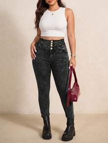 Elaquor Plus Size Casual High Waist Slim Fit Washed Jeans For Women,Dark Blue Winter Casual Night Out Club Y2K Leopard Print Cargo Denim Wide Leg Baggy Pants - Black - View 5