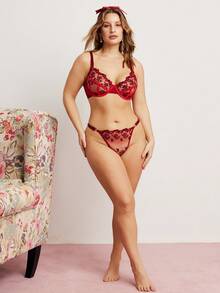 Elorette 2 件加大码红色樱桃性感文胸和内裤内衣套装，提升 - 酒紅色 - 查看 5