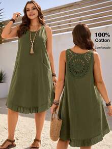 EMERY ROSE Plus Size Women's Summer Army Green Boho Dress,Sleeveless Ruffle Hem Back Lace Patchwork Flowy Vacation Holiday Outfits With Pockets,Casual - Army Green - View 1
